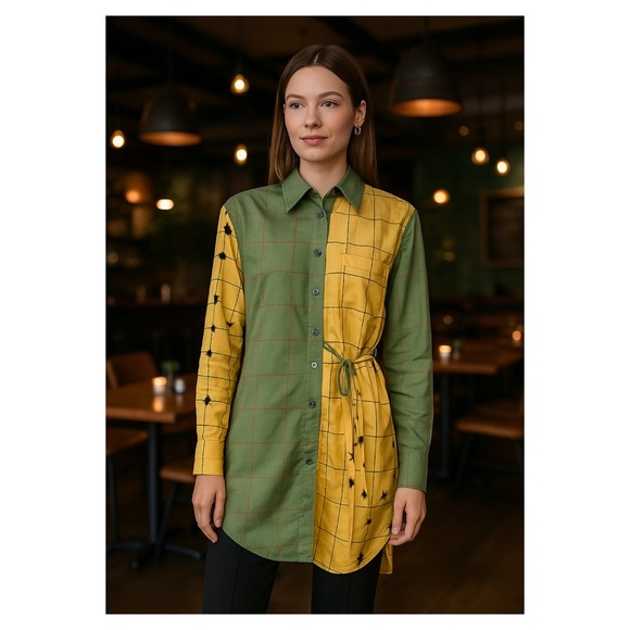 LOEWE Check Wrap Shirt Blouse Green Yellow Plaid Tunic IT 40 US 4 Cotton Silk - Picture 2 of 12